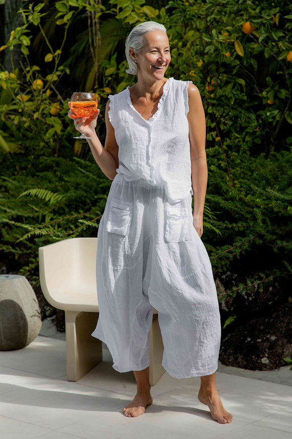 Noci 100% Linen Vest in White