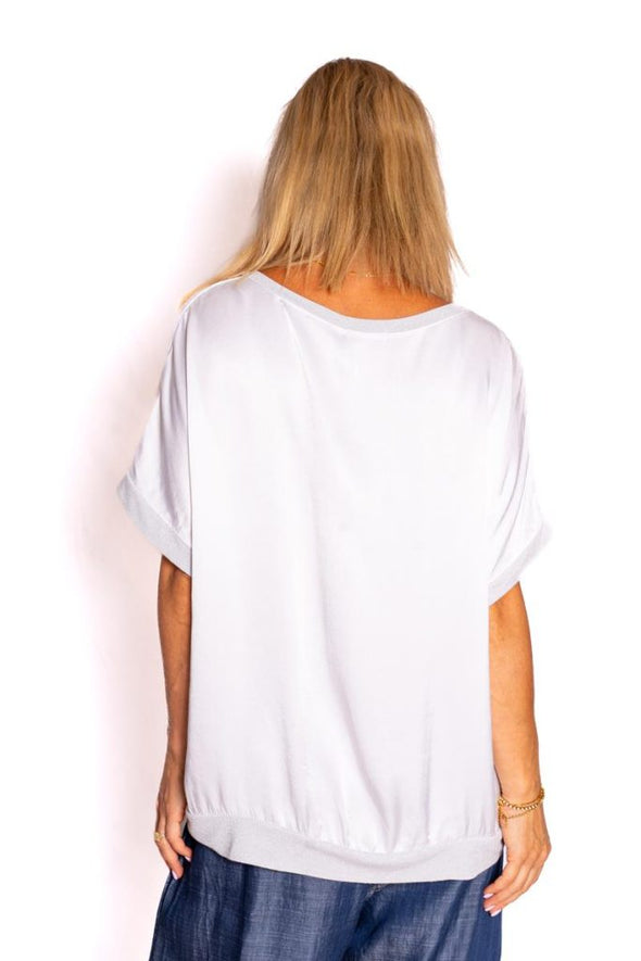 The Italian Closet: Blythe Silky Glitter Trim Top - White