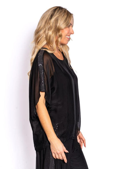 The Italian Closet: Tiana Shimmer Shoulder Silk Top - Black