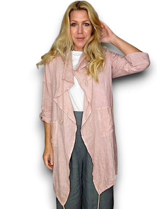 Helga May: Long Drawstring Linen Jacket - Soft Pink