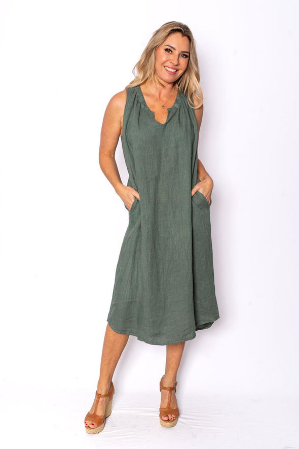 The Italian Closet: Cavendish Gathered Neck Linen Dress - Khaki