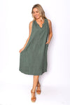 The Italian Closet: Cavendish Gathered Neck Linen Dress - Khaki