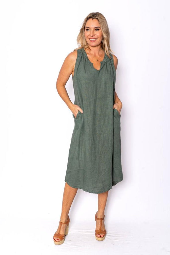 The Italian Closet: Cavendish Gathered Neck Linen Dress - Khaki