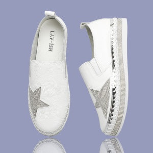 White Gemstone Leather Star Slides