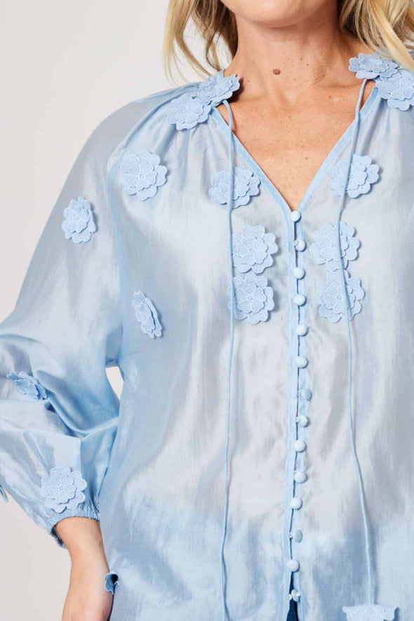 LaStrada: Silk Applique Fiore Shirt - Celeste