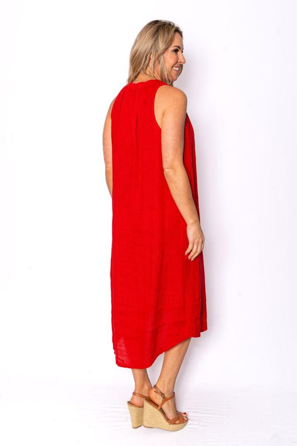 The Italian Closet: Cavendish Gathered Neck Linen Dress - Red