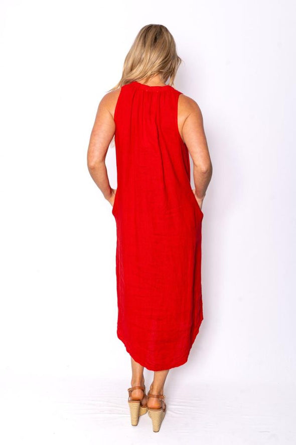 The Italian Closet: Cavendish Gathered Neck Linen Dress - Red