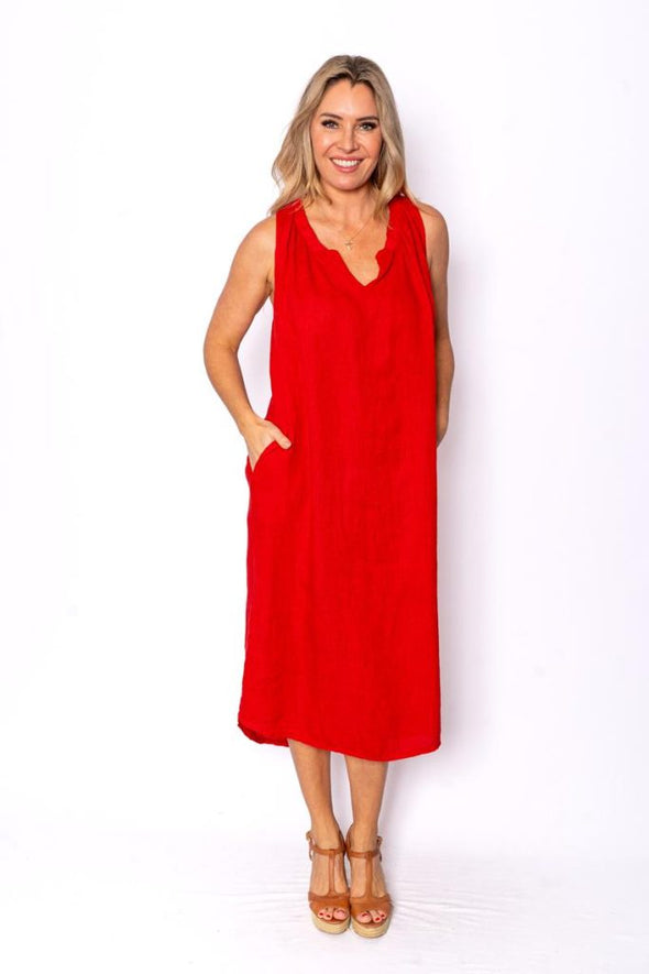 The Italian Closet: Cavendish Gathered Neck Linen Dress - Red