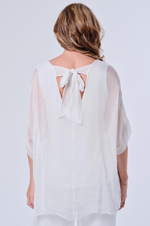 The Italian Closet: Bowtiful Silk batwing with bow back - White