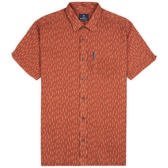 Ben Sherman Linen Striped Short Sleeve Shirt - Terracotta
