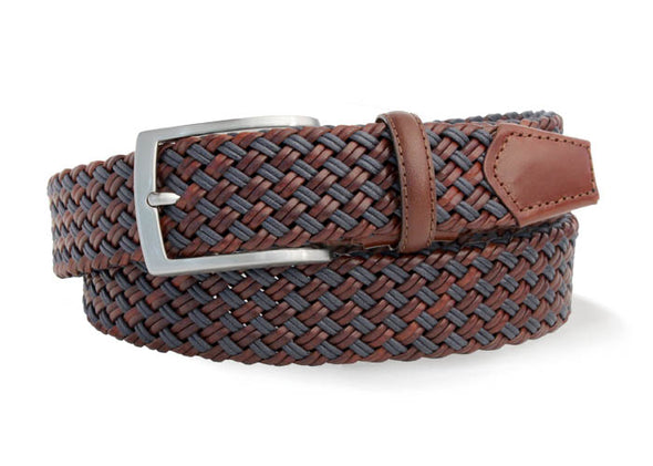 Woven Blue & Brown Italian Leather Stretch Belt