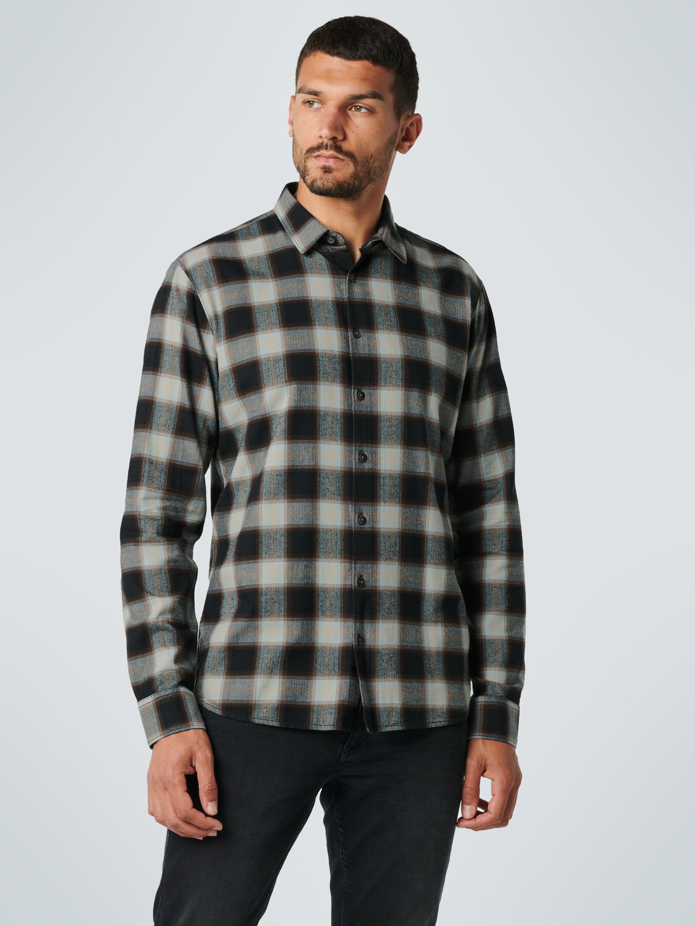 No Excess Long Sleeve Shirt: Flannel Check - Herringbone Smoke