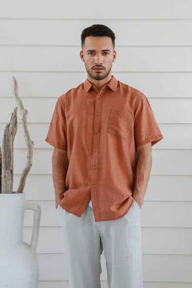 Brain Tree Hemp Short Sleeve Shirt: Textured Tencel - Rust