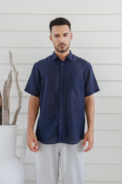 Brain Tree Hemp Short Sleeve Shirt: Textured Tencel - Navy