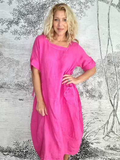 Helga May Button Sleeve Maxi Dress: Plain - Hot Pink