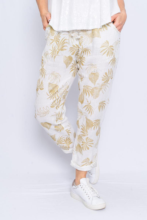 The Italian Closet: Lush Tropical Print Linen Pants - Gold & White