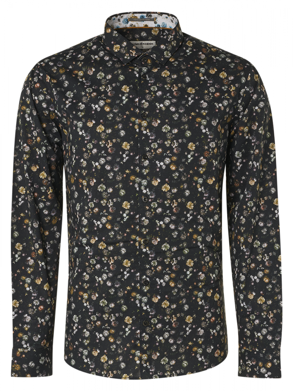 No Excess Floral Print Long Sleeve Shirt - Black