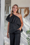 Magnifica Asymmetric Linen Top in Black