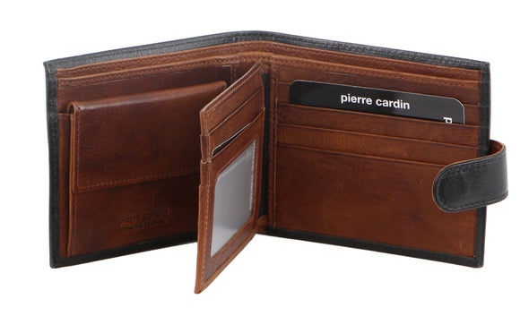 Italian Leather Two Tone Bi Fold Wallet - Black & Cognac