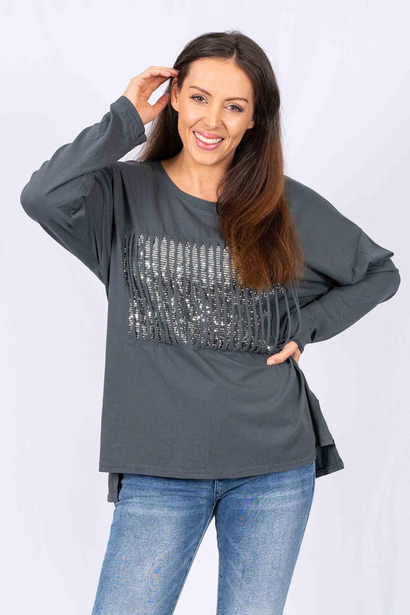 The Italian Closet: Yahto Torn Sequin Shirt - Charcoal