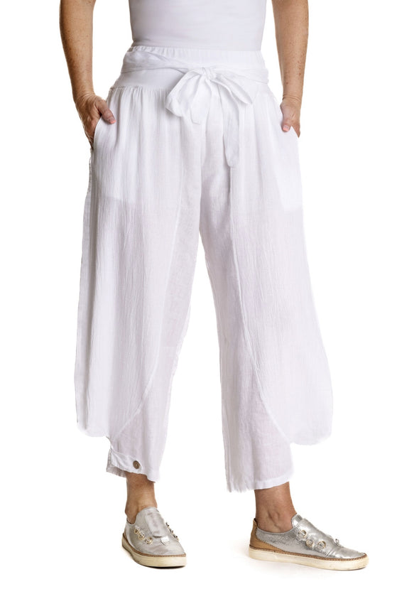 Teagan Linen Pant with Button Cuff - White