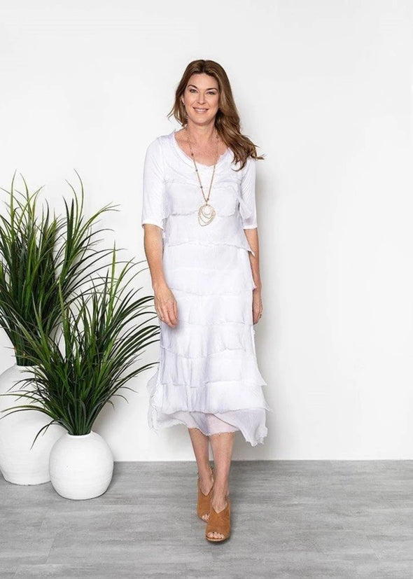 Charisse Silk Layer Sleeved Dress - White
