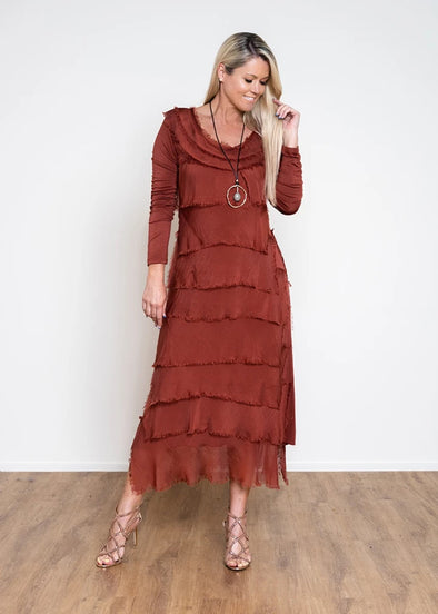 Kacee Silk Layer Sleeved Dress - Rust