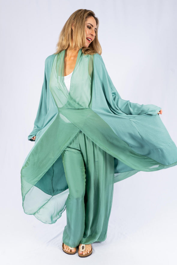 The Italian Closet - Cantu Silk Collar Wrap Coat - Ocean Blue