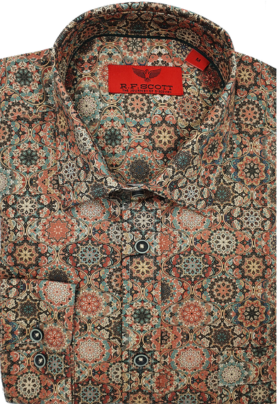 R.F. Scott Caleb Long Sleeve Shirt - Rustic Print - Moroccan
