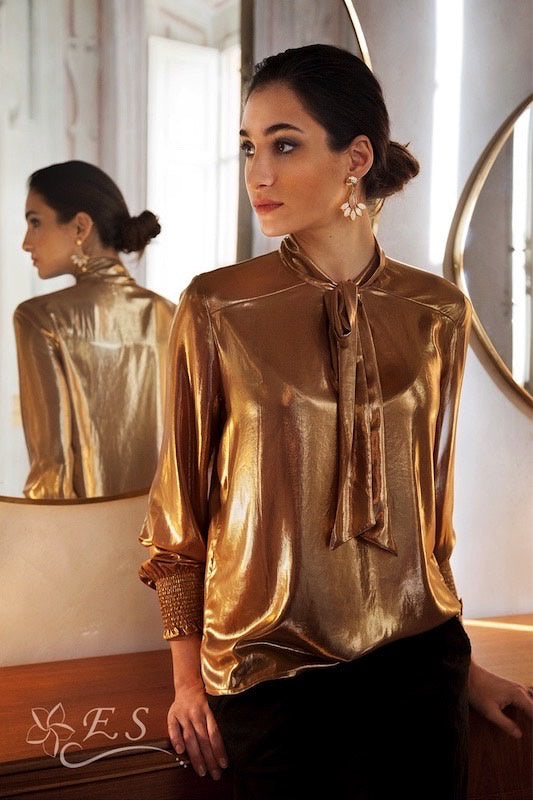 Italian Luxe Lamé Blouse with Neck Tie - Gold