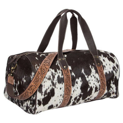 Tooling Leather Cowhide Travel Bag - Brown & White