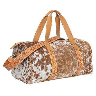 Tooling Leather Cowhide Travel Bag - Tan & White
