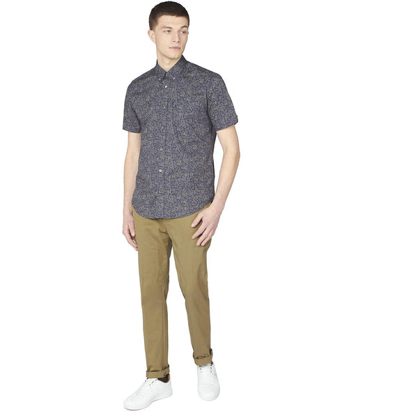 Ben Sherman Short Sleeve Shirt: Linear Print - Khaki