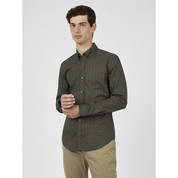Ben Sherman Long Sleeve Shirt: Micro Paisley Print - Hemp