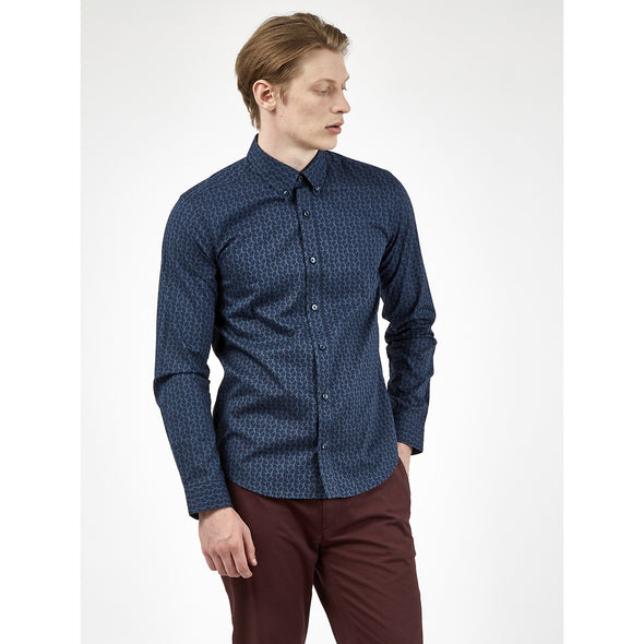 Ben Sherman Long Sleeve Shirt: Micro Paisley Print - Petrol Blue