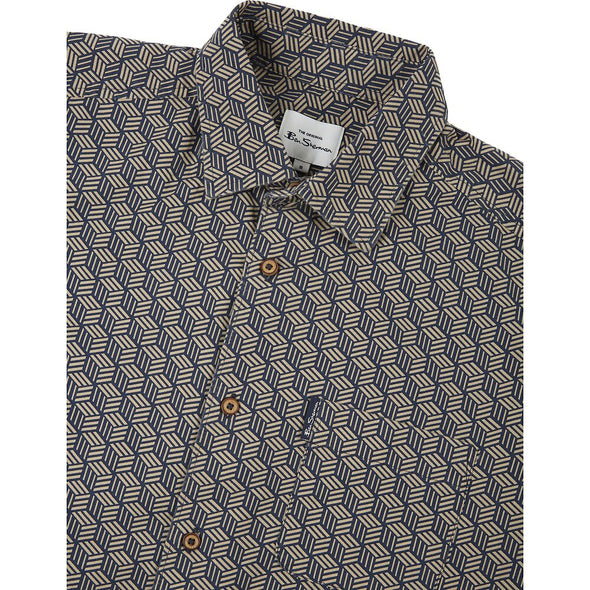 Ben Sherman Short Sleeve Shirt: Textured Base Print - Sand