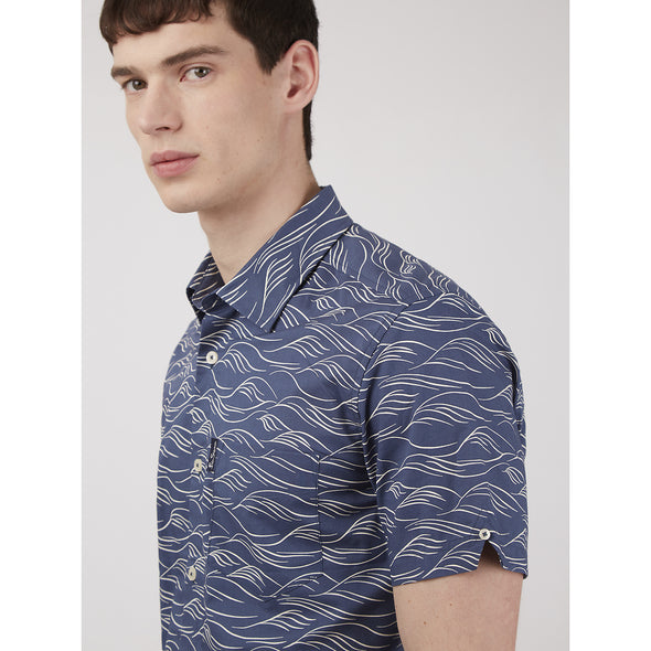Ben Sherman Short Sleeve Shirt: Wave Print - Denim Blue