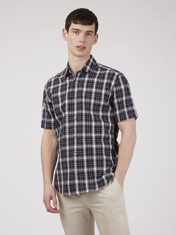 Ben Sherman Short Sleeve Shirt: Textured Check - Marine