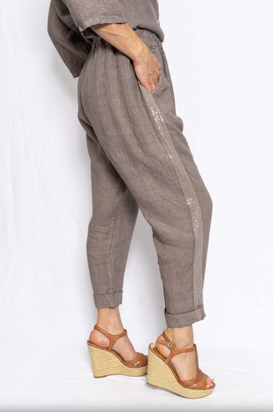The Italian Closet: Quinn Sequin Detail Linen Pants - Taupe