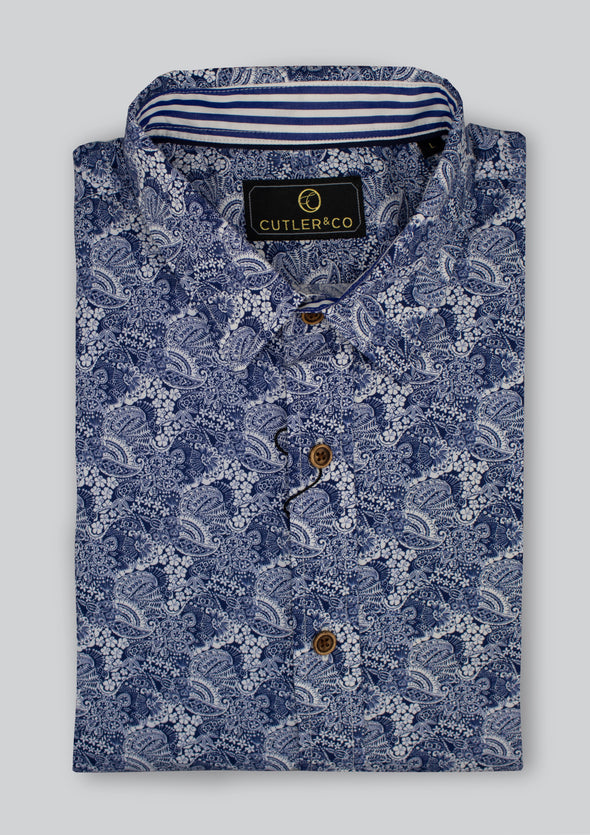 Cutler & Co Clint Long Sleeved Shirt: Porcelain Paisley - Thunderstorm