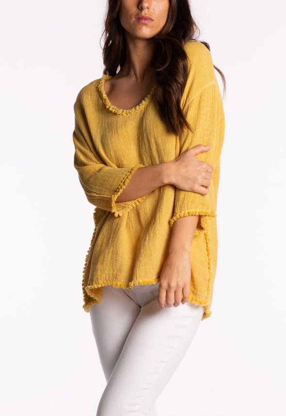 Jemima Mustard Frayed 3/4 Sleeve Woven Linen Top