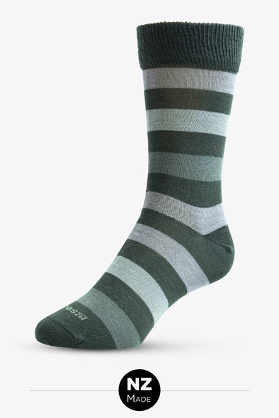 Merino Unisex Comfort Top Dress Sock: Bold Stripe - Dark Green