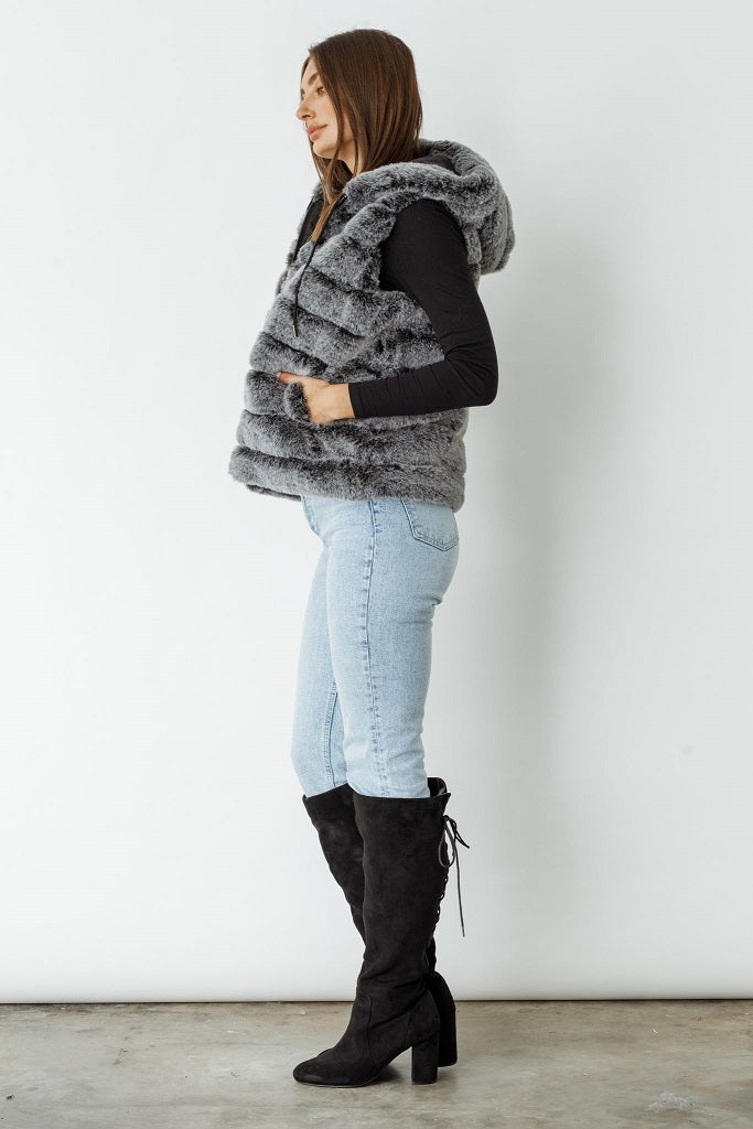 Caju Reversible Fur Vest W/ Hood - Charcoal
