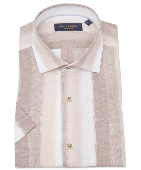 Guide London Short Sleeve Shirt - Striped Tan Linen & Cotton