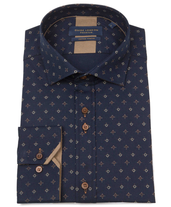 Guide London Long Sleeve Shirt : Geometric Print - Navy