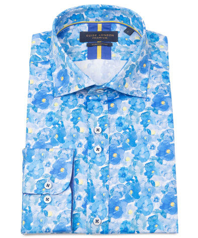 Guide London Long Sleeve Shirt : Watercolour Floral Print - Blue