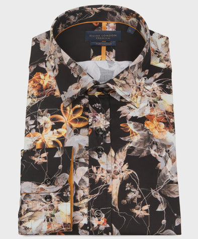 Guide London Long Sleeve Shirt : Abstract Floral - Black & Gold