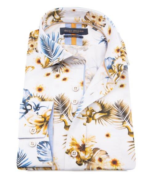Guide London Long Sleeve Shirt - Tan & Blue Tropical Blooms