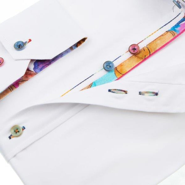 Guide London Long Sleeve Shirt - White & Watercolour Ginkgo Detailing