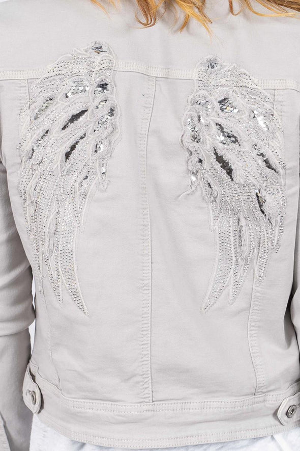 The Italian Closet: Heaven Sequin Wing Denim Jacket - Light Grey